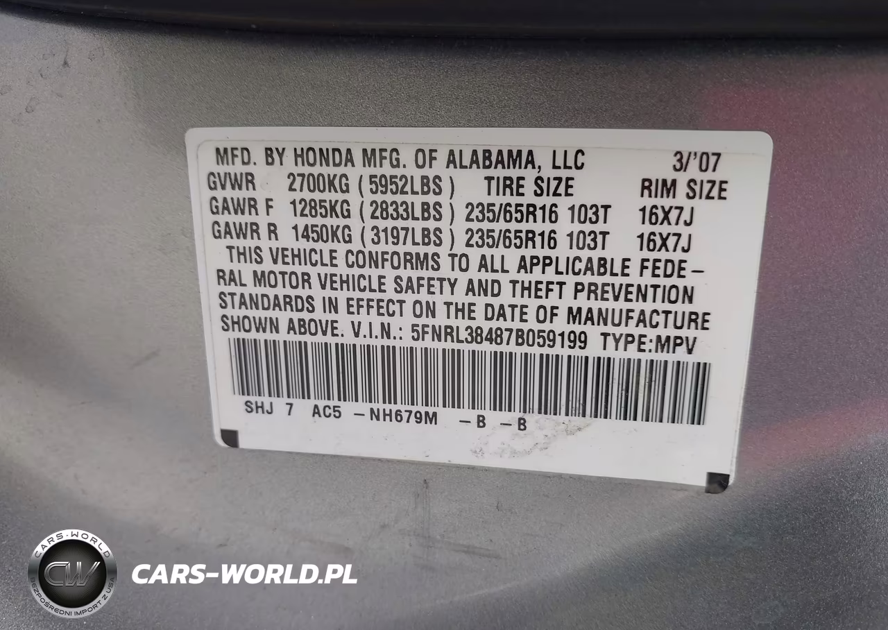 2007 Honda Odyssey Ex VIN:5FNRL38487B059199 - 9