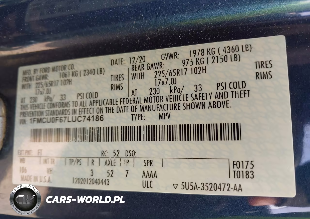 2020 Ford Escape S VIN:1FMCU0F67LUC74186 - 9