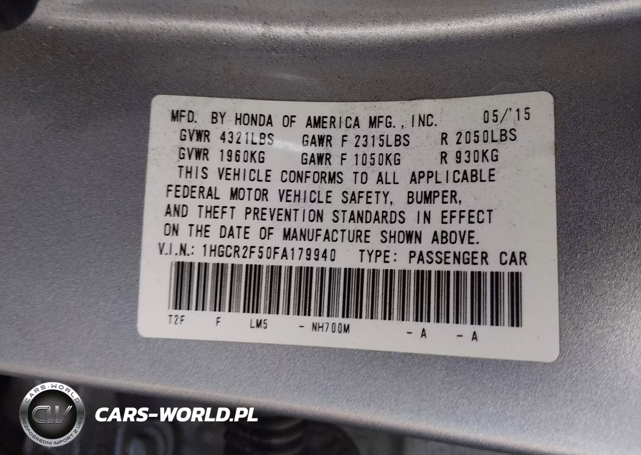 2015 Honda Accord Sport VIN:1HGCR2F50FA179940 - 9