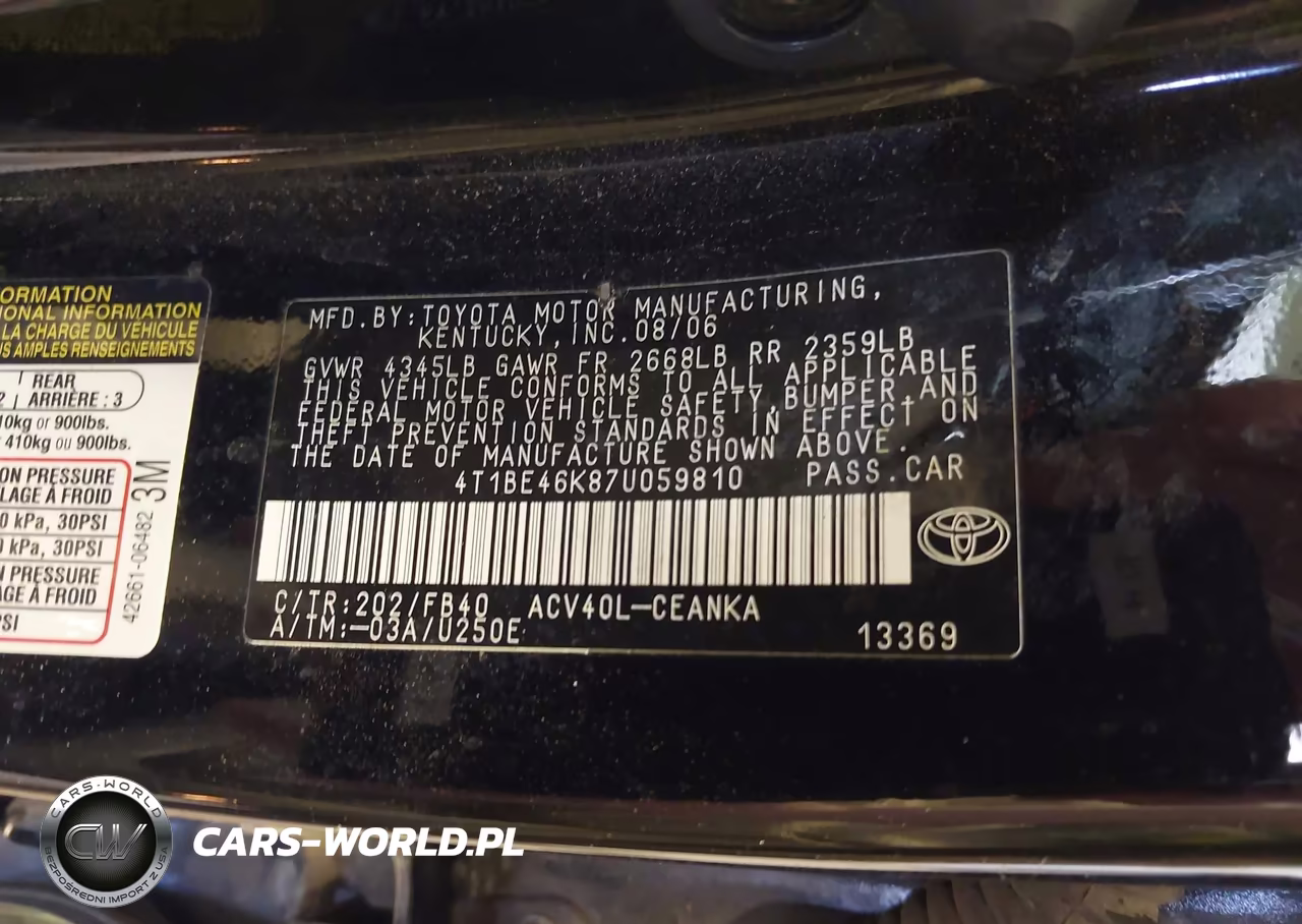 2007 Toyota Camry Le VIN:4T1BE46K87U059810 - 9