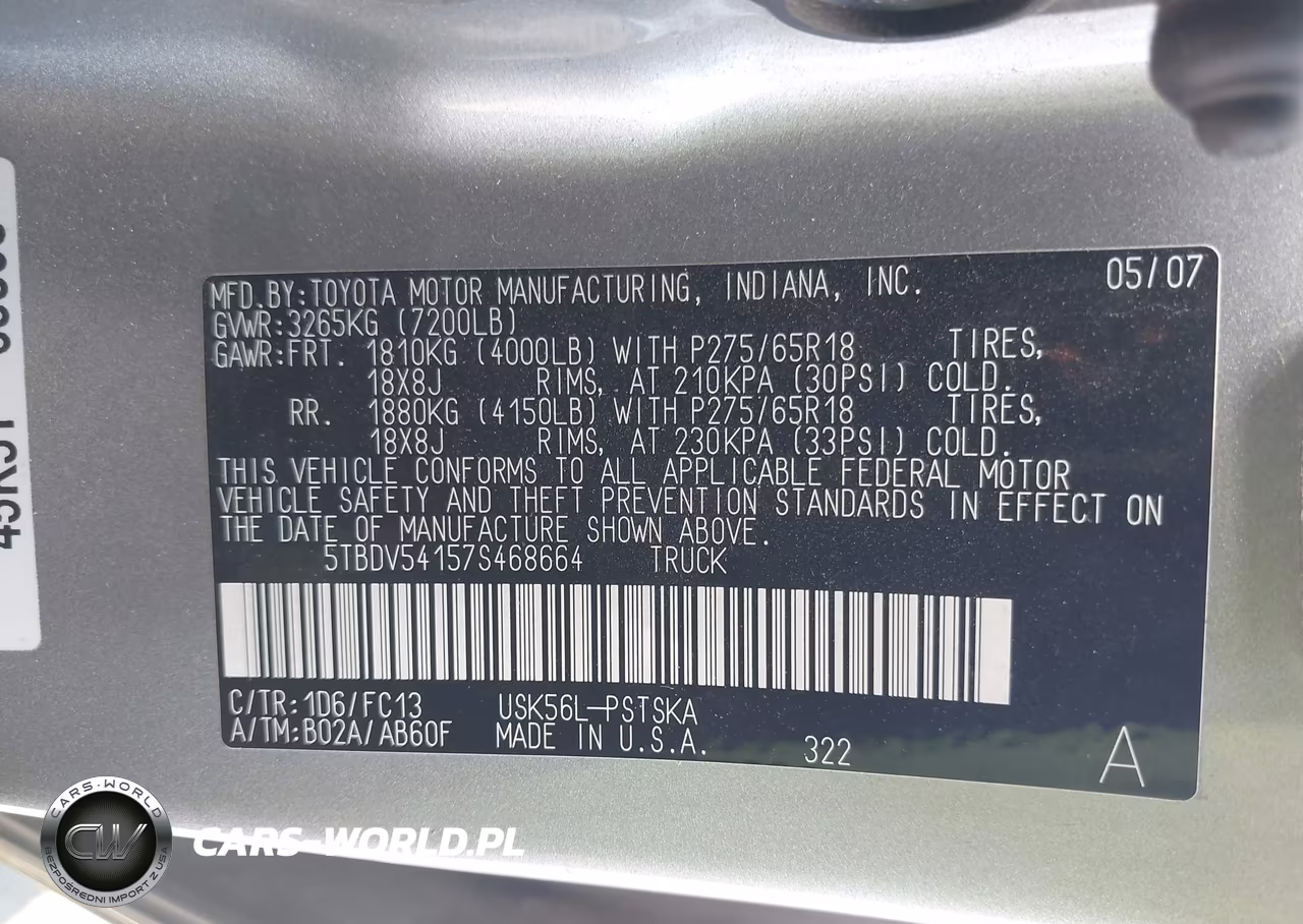 2007 Toyota Tundra Sr5 5.7L V8 VIN:5TBDV54157S468664 - 9
