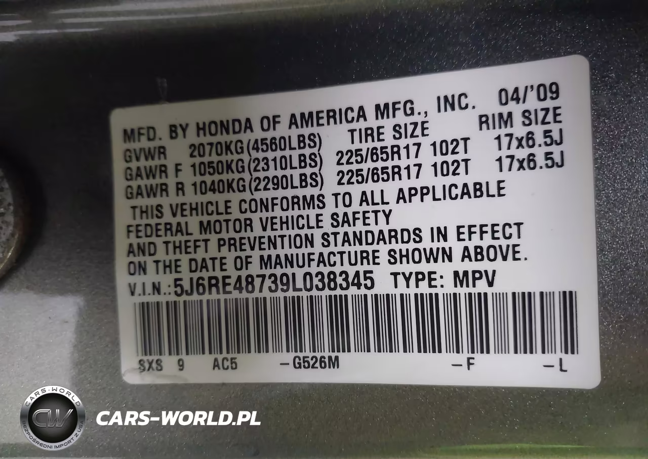 2009 Honda Cr-V Ex-L VIN:5J6RE48739L038345 - 9