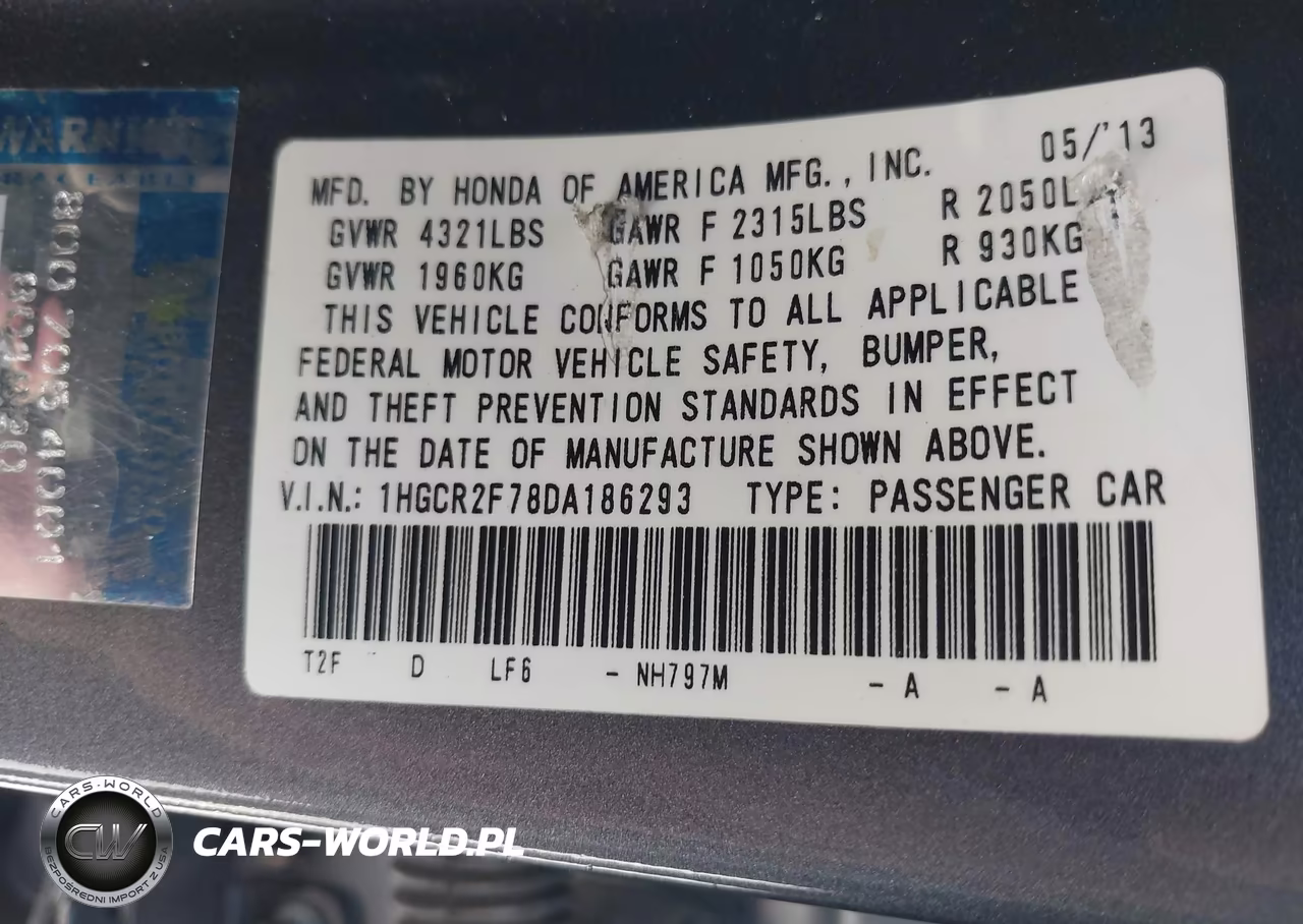 2013 Honda Accord Ex VIN:1HGCR2F78DA186293 - 9