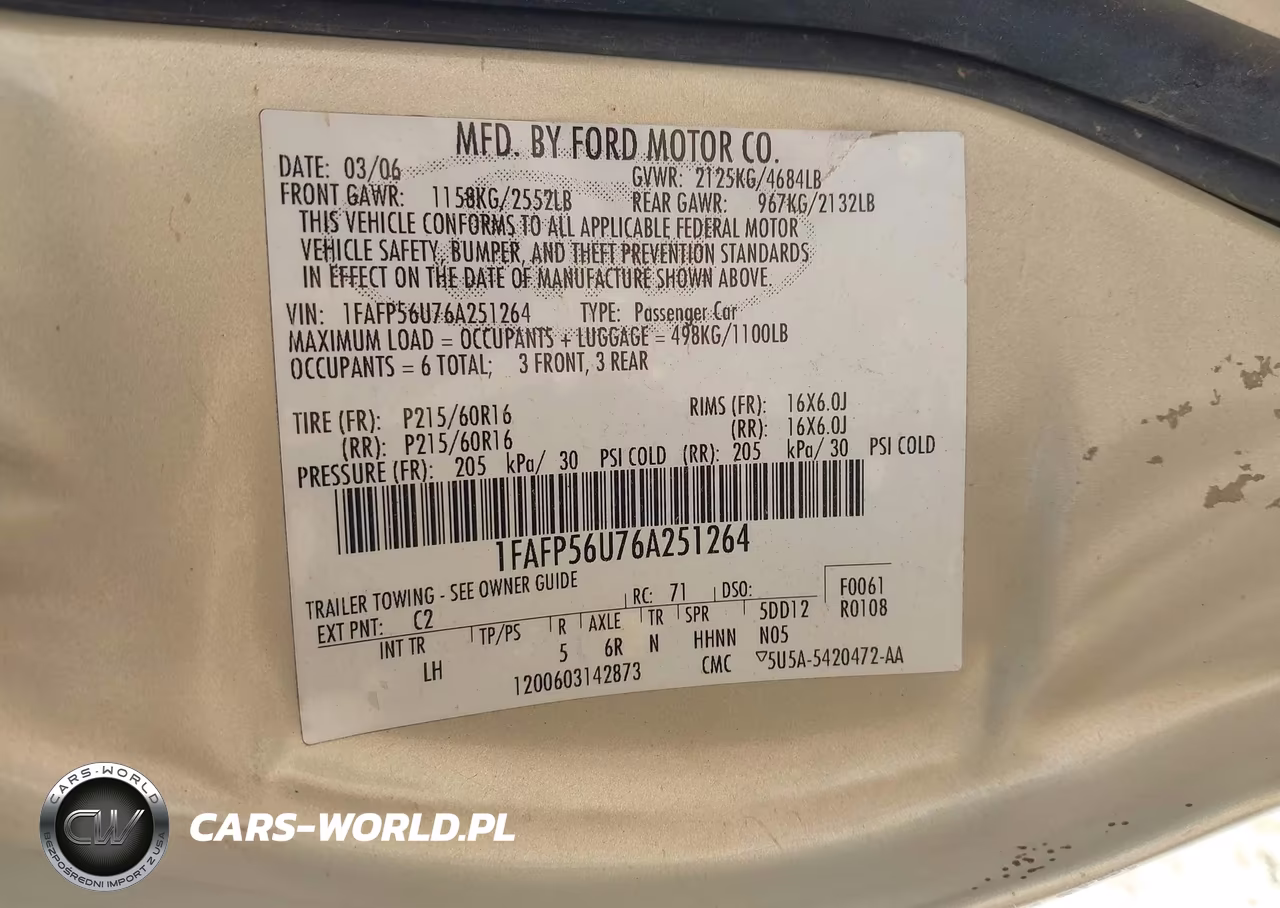 2006 Ford Taurus Sel VIN:1FAFP56U76A251264 - 9