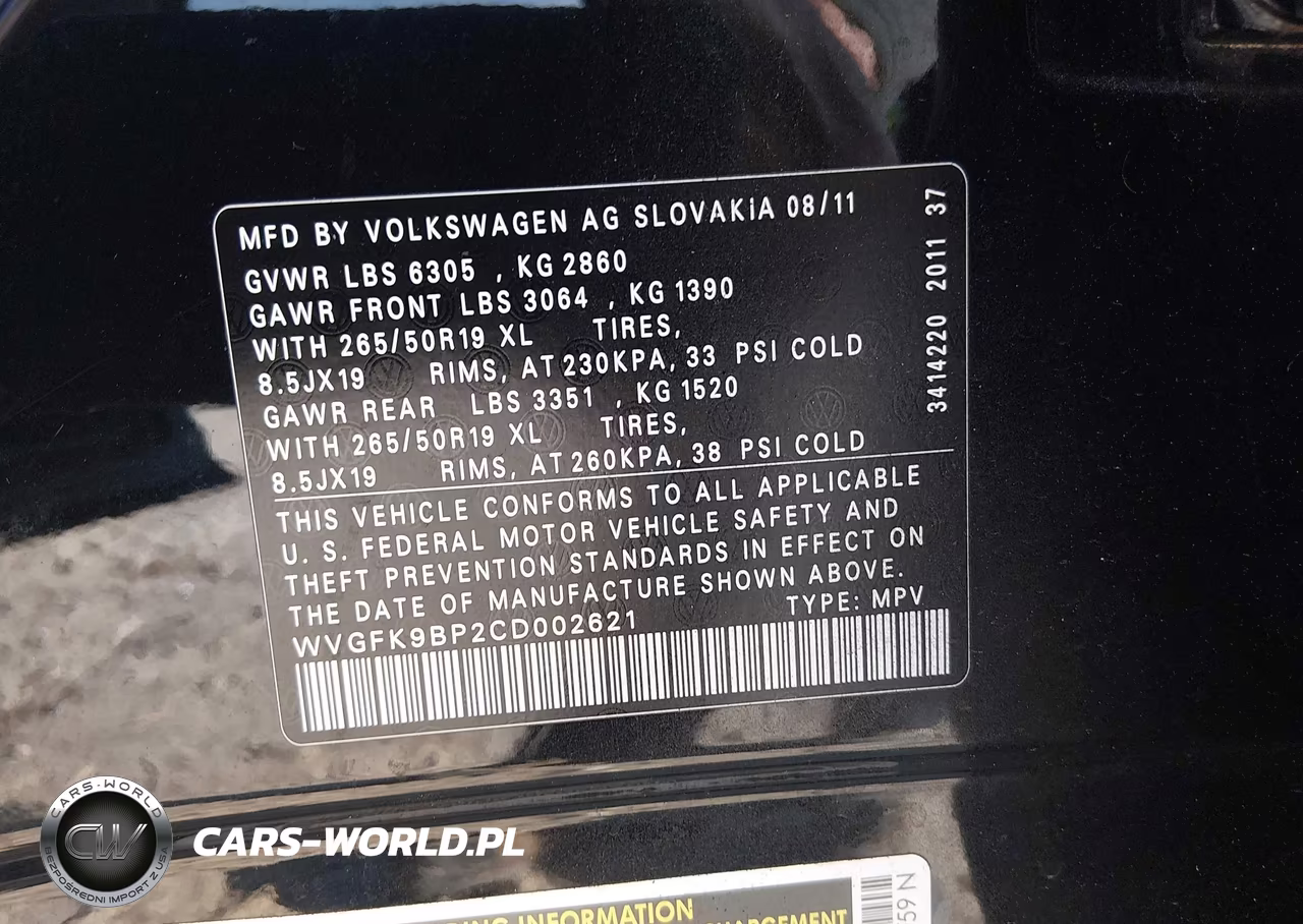 2012 Volkswagen Touareg Tdi Lux VIN:WVGFK9BP2CD002621 - 9