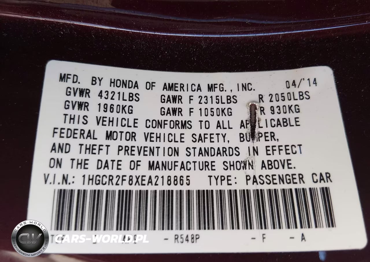 2014 Honda Accord Ex-L VIN:1HGCR2F8XEA218865 - 9