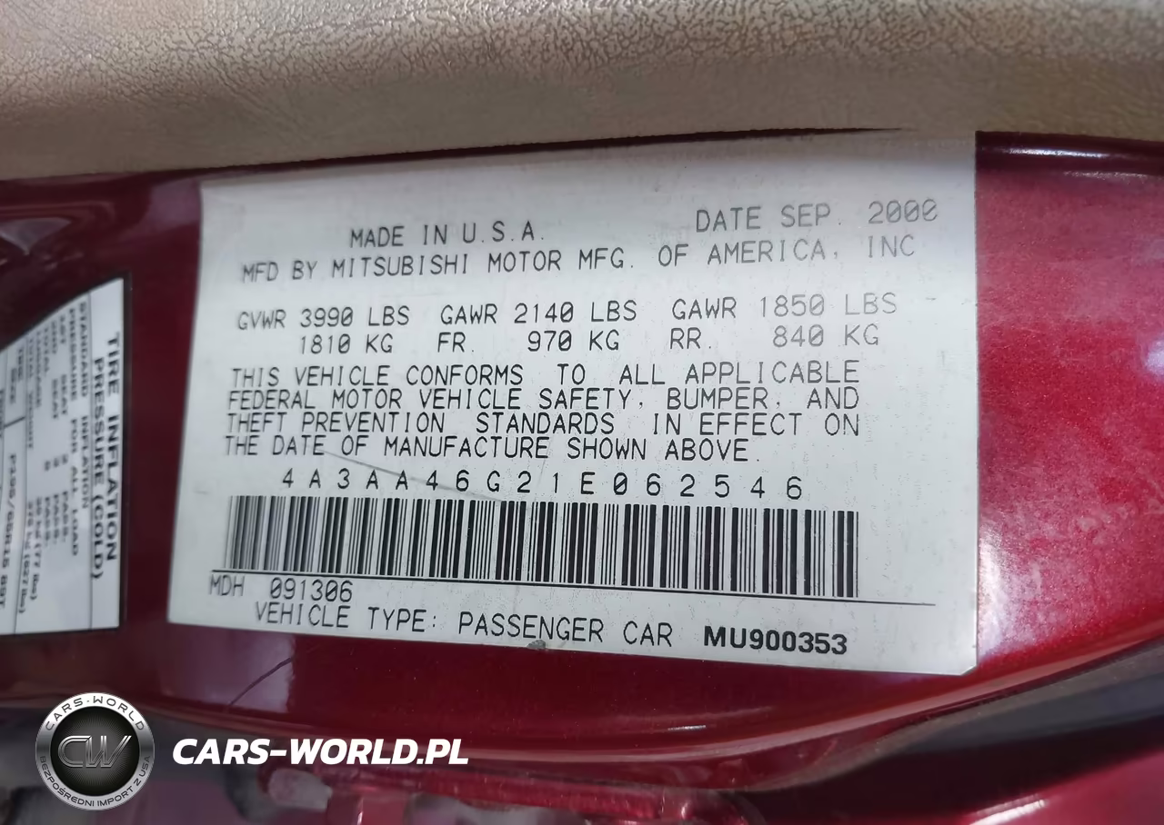 2001 Mitsubishi Galant Es VIN:4A3AA46G21E062546 - 9