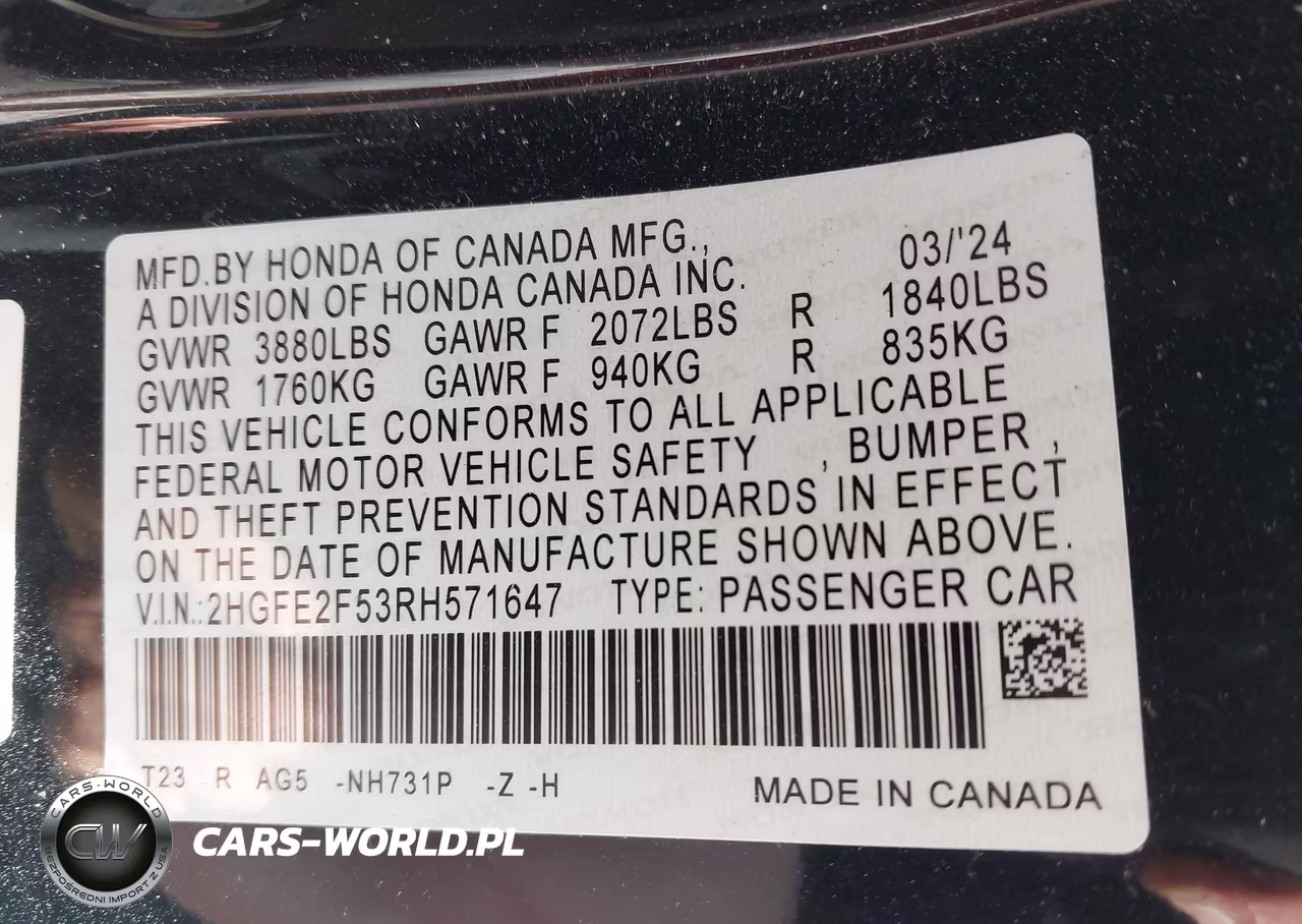 2024 Honda Civic Sport VIN:2HGFE2F53RH571647 - 9
