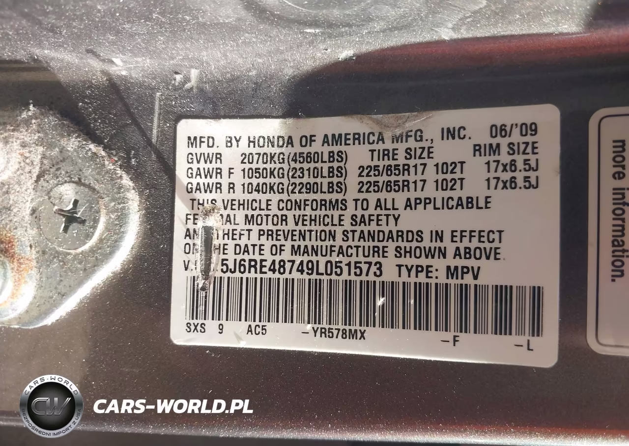 2009 Honda Cr-V Ex-L VIN:5J6RE48749L051573 - 9