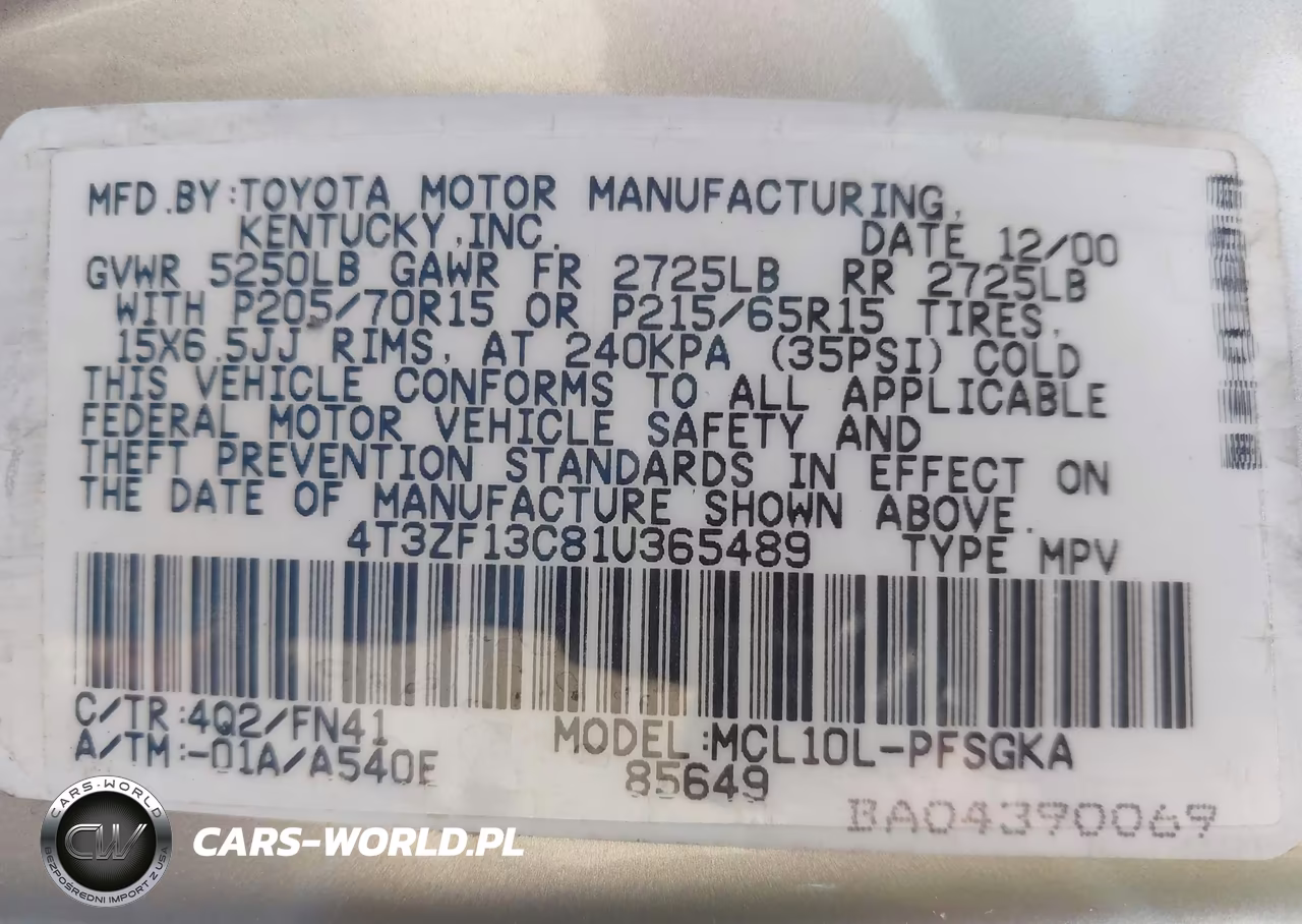 2001 Toyota Sienna Le VIN:4T3ZF13C81U365489 - 9