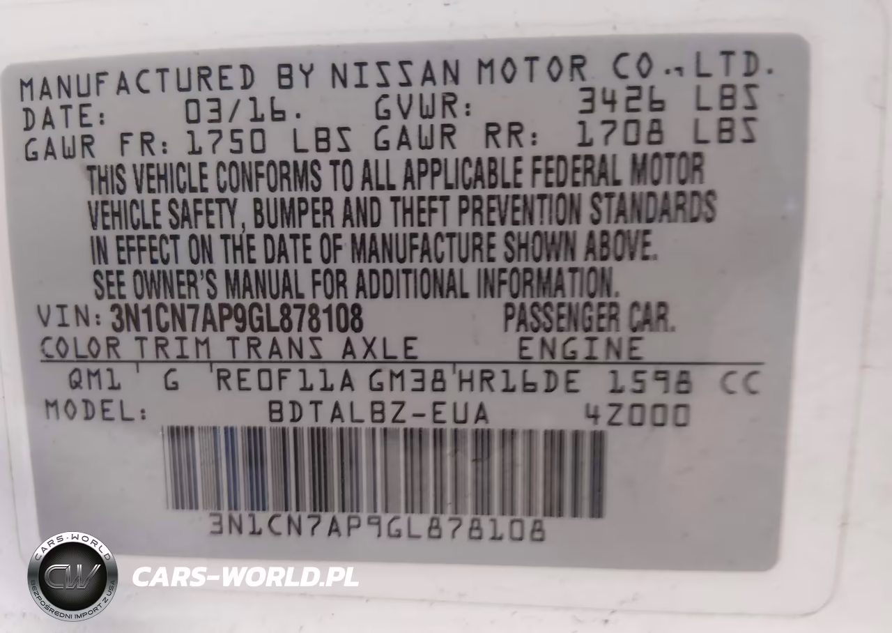 2016 Nissan Versa 1.6 S-1.6 S+-1.6 Sl-1.6 Sv VIN:3N1CN7AP9GL878108 - 9