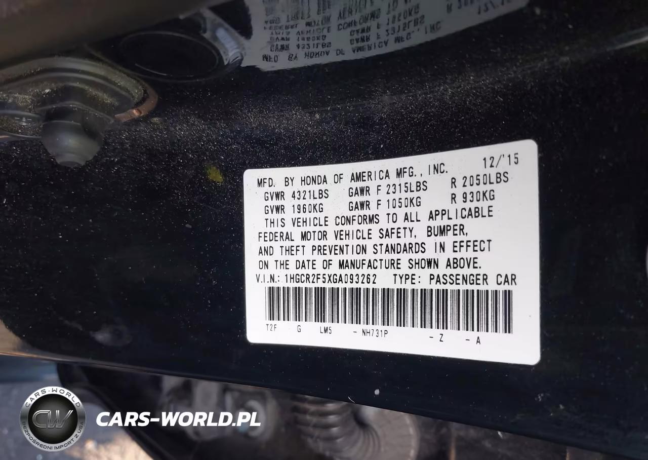 2016 Honda Accord Sport VIN:1HGCR2F5XGA093262 - 9