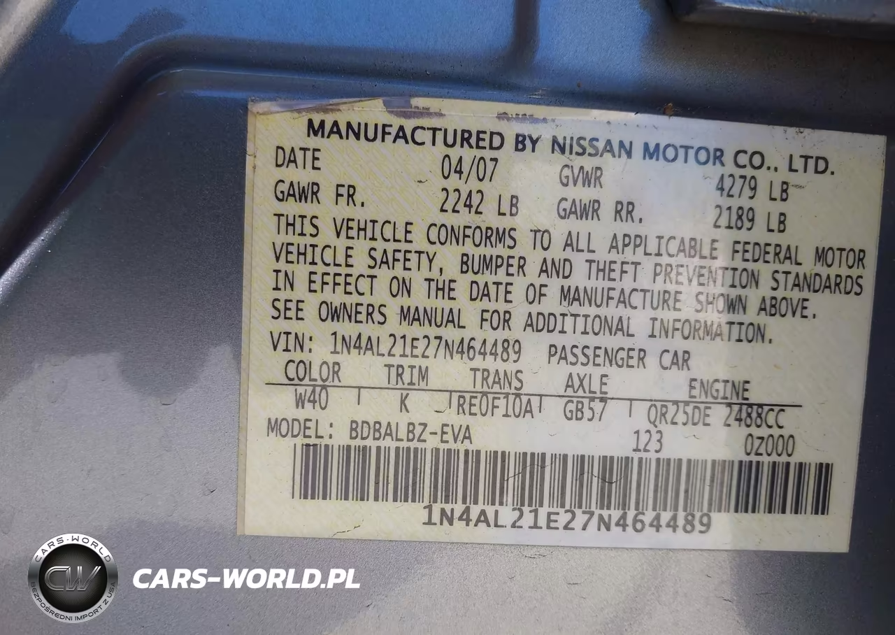 2007 Nissan Altima 2.5 S VIN:1N4AL21E27N464489 - 9