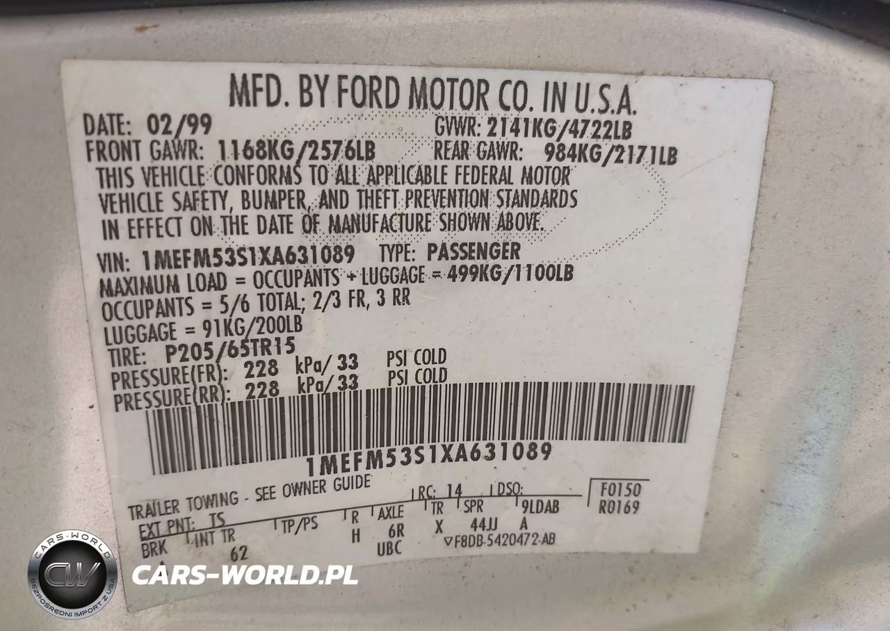 1999 Mercury Sable Ls VIN:1MEFM53S1XA631089 - 9