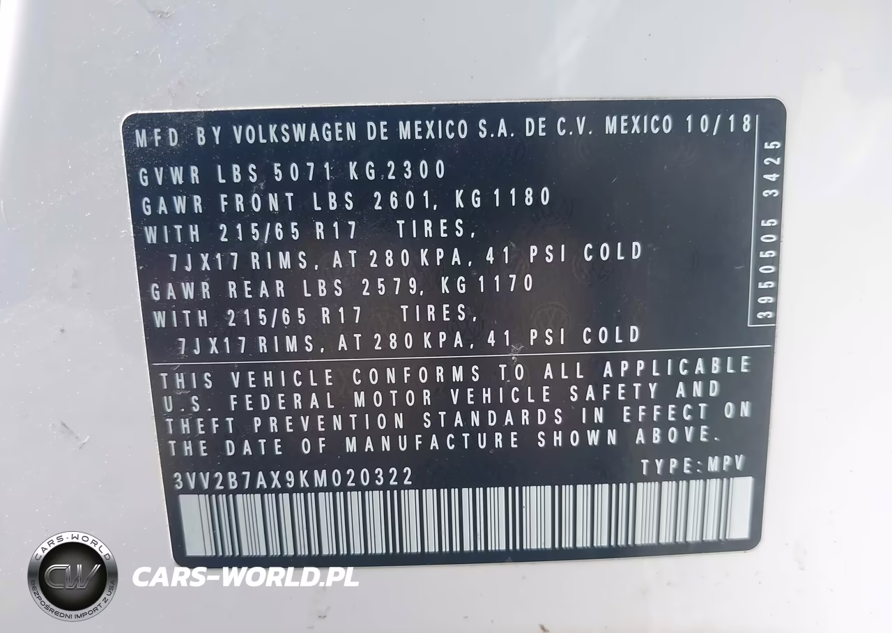 2019 Volkswagen Tiguan VIN:3VV2B7AX9KM020322 - 9