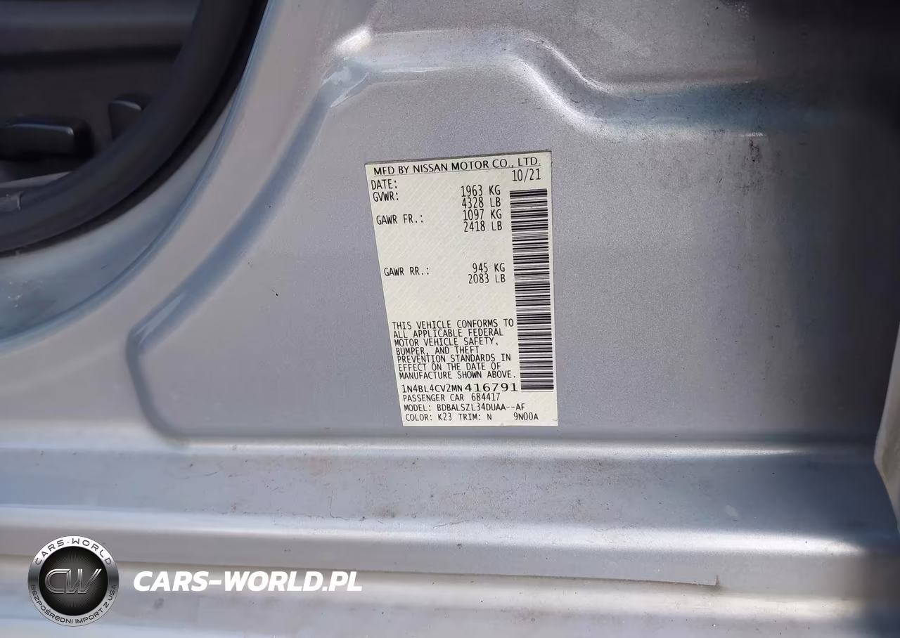 2021 Nissan Altima Sr Fwd VIN:1N4BL4CV2MN416791 - 9