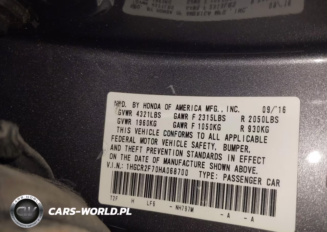 2017 Honda Accord Ex VIN:1HGCR2F70HA068700 - 9