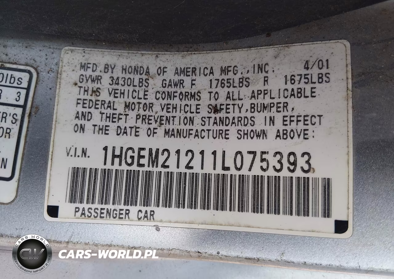 2001 Honda Civic Dx VIN:1HGEM21211L075393 - 9