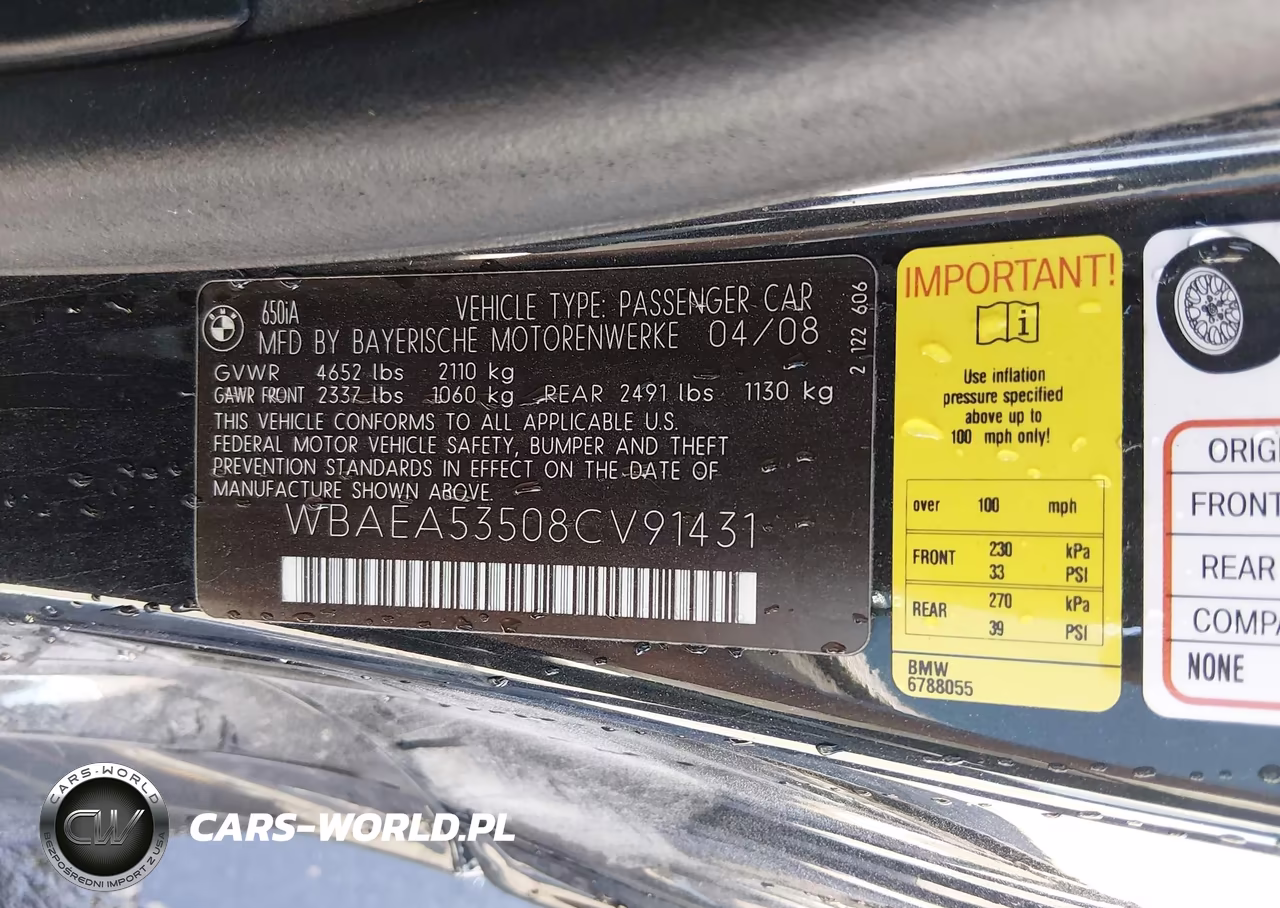 2008 BMW 650I VIN:WBAEA53508CV91431 - 9