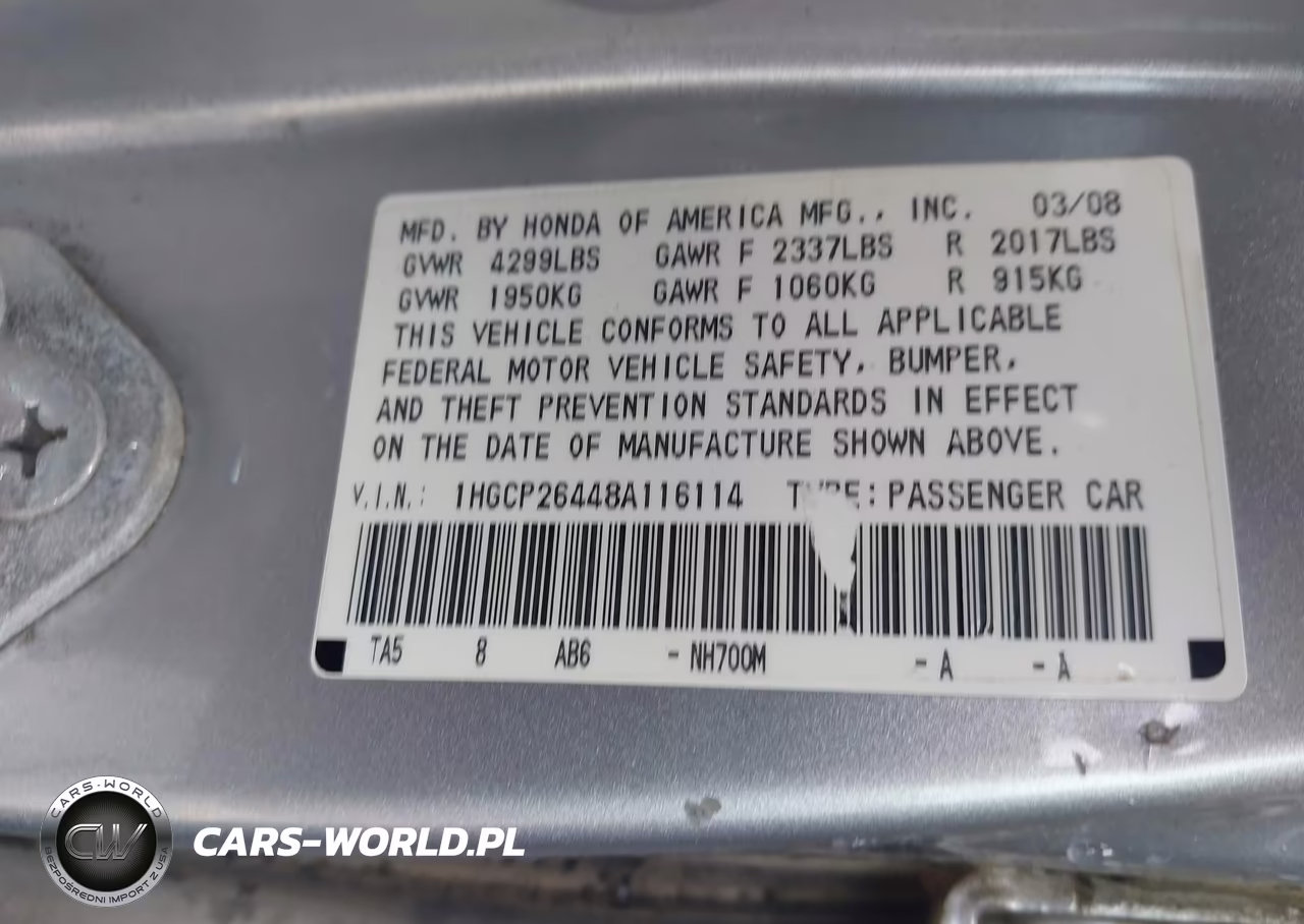2008 Honda Accord 2.4 Lx-P VIN:1HGCP26448A116114 - 9
