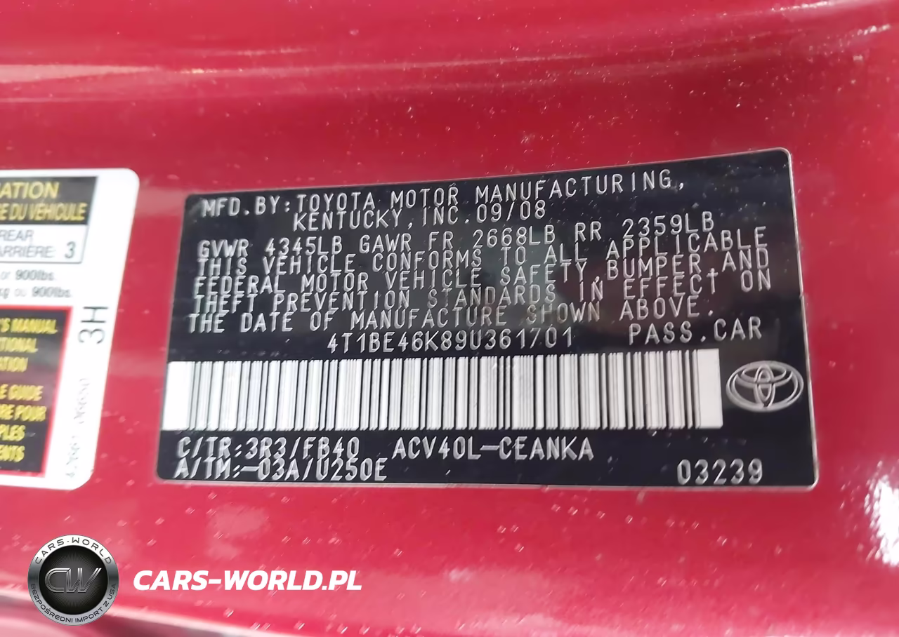 2009 Toyota Camry Le VIN:4T1BE46K89U361701 - 9