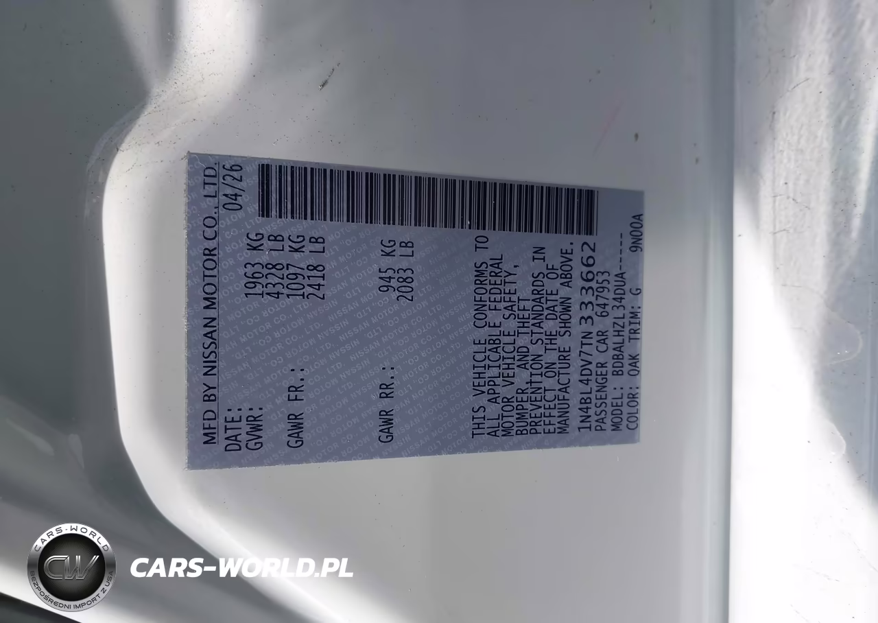 2026 Nissan Altima Sv Fwd VIN:1N4BL4DV7TN333662 - 9