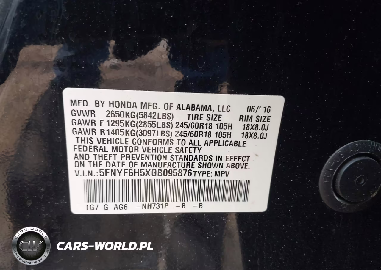 2016 Honda Pilot Ex-L VIN:5FNYF6H5XGB095876 - 9