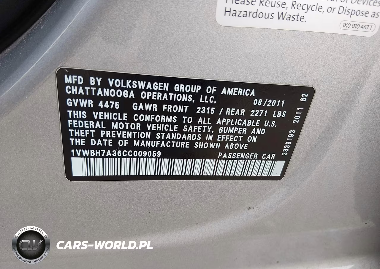 2012 Volkswagen Passat 2.5L Se VIN:1VWBH7A36CC009059 - 9