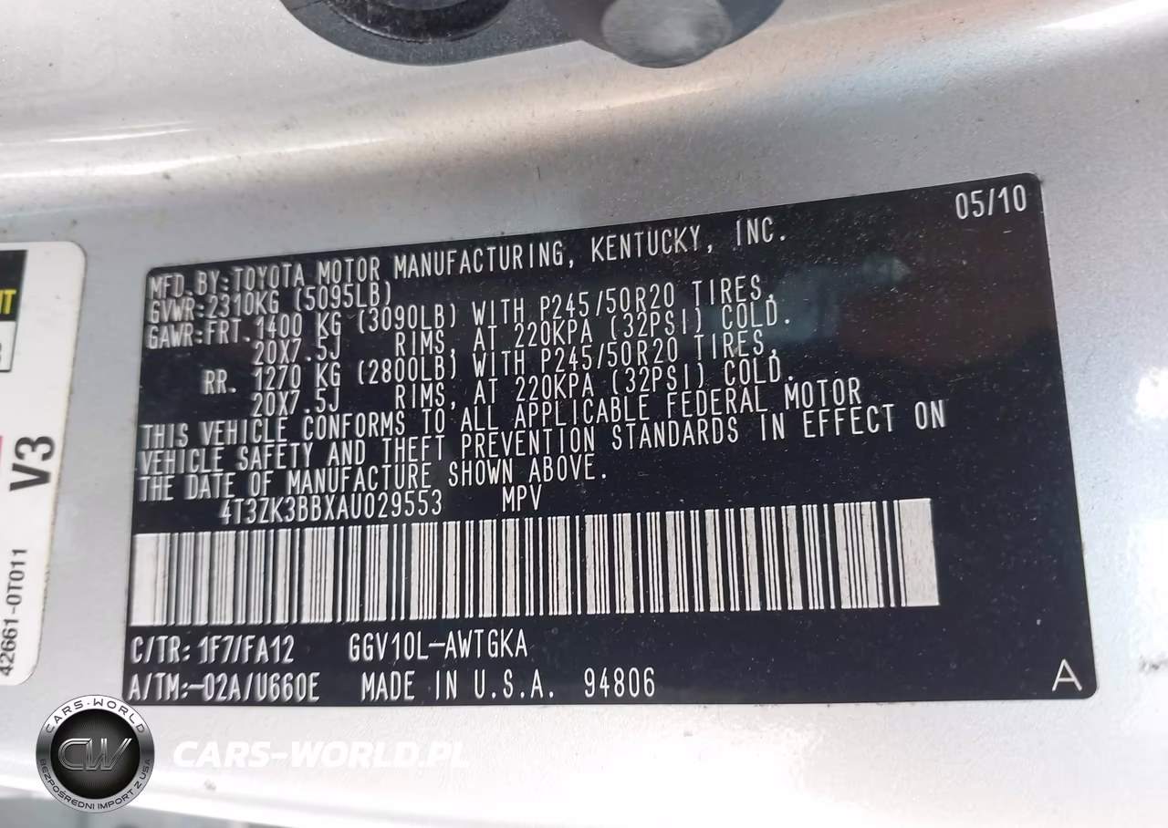 2010 Toyota Venza Base V6 VIN:4T3ZK3BBXAU029553 - 9