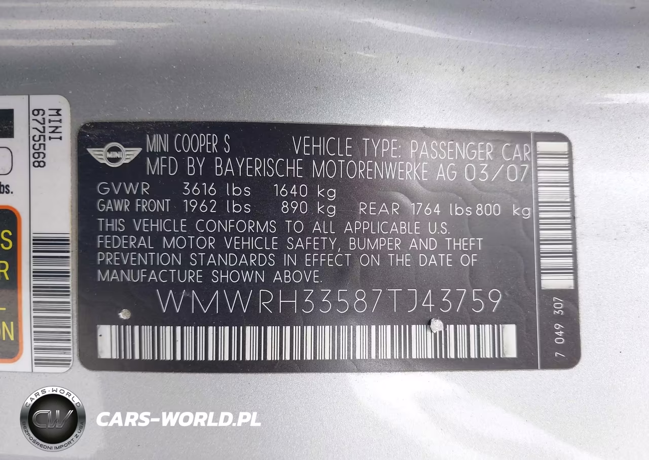 2007 Mini Cooper S VIN:WMWRH33587TJ43759 - 9