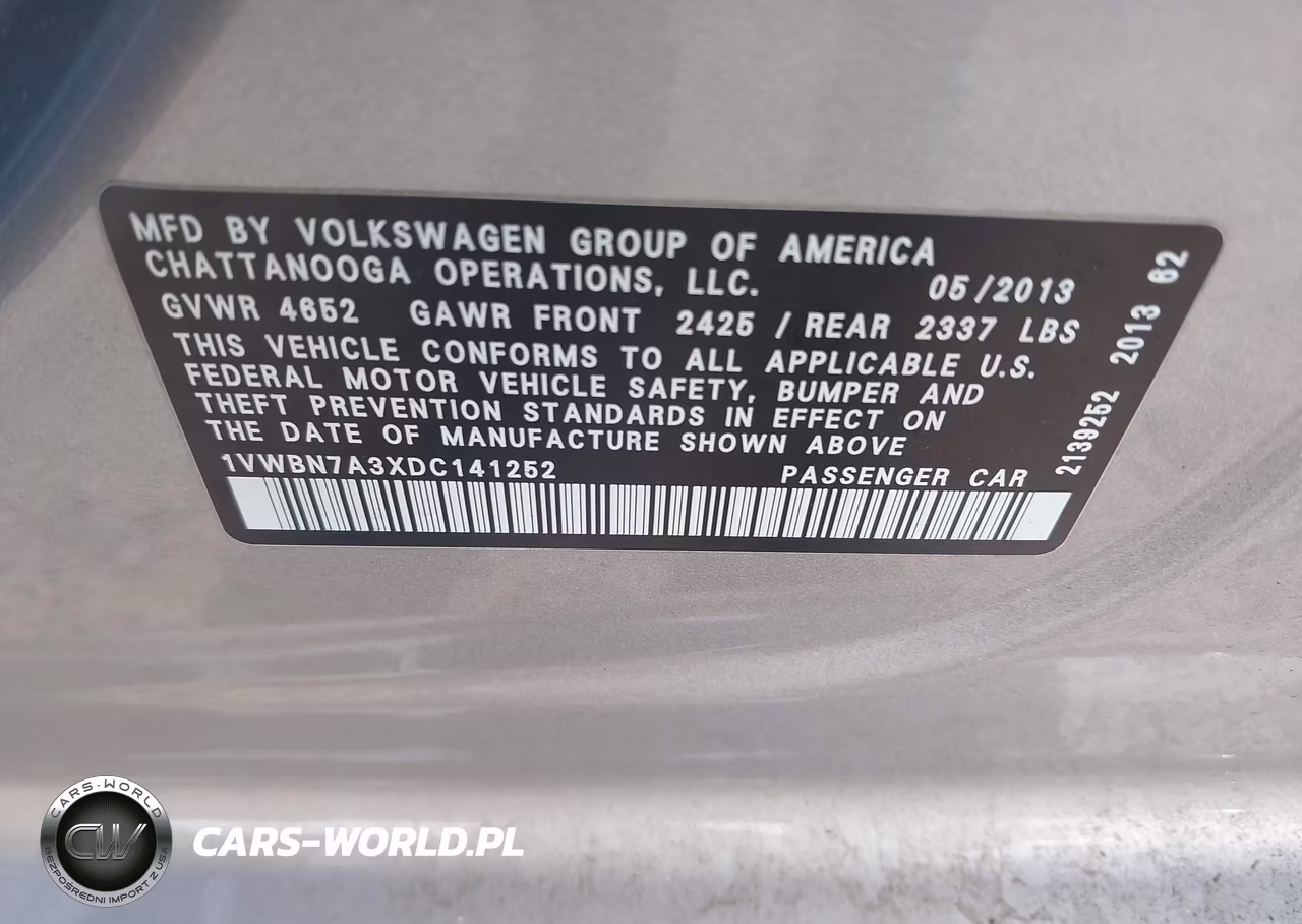 2013 Volkswagen Passat 2.0L Tdi Se VIN:1VWBN7A3XDC141252 - 9