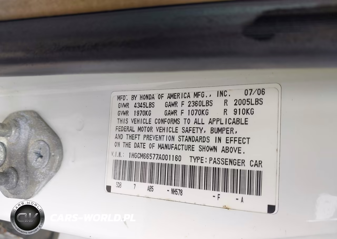 2007 Honda Accord 3.0 Ex VIN:1HGCM66577A001160 - 9