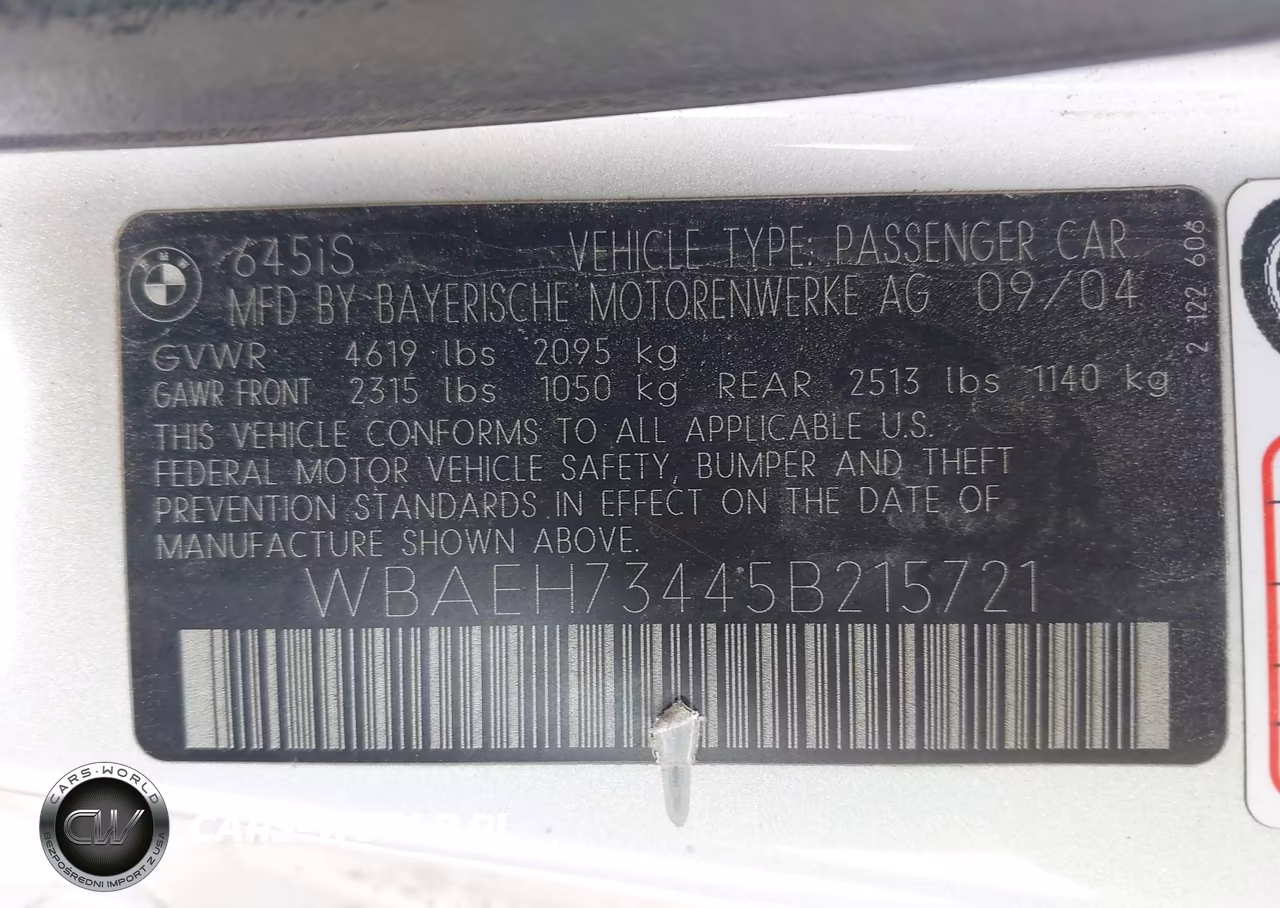 2005 BMW 645Ci VIN:WBAEH73445B215721 - 9