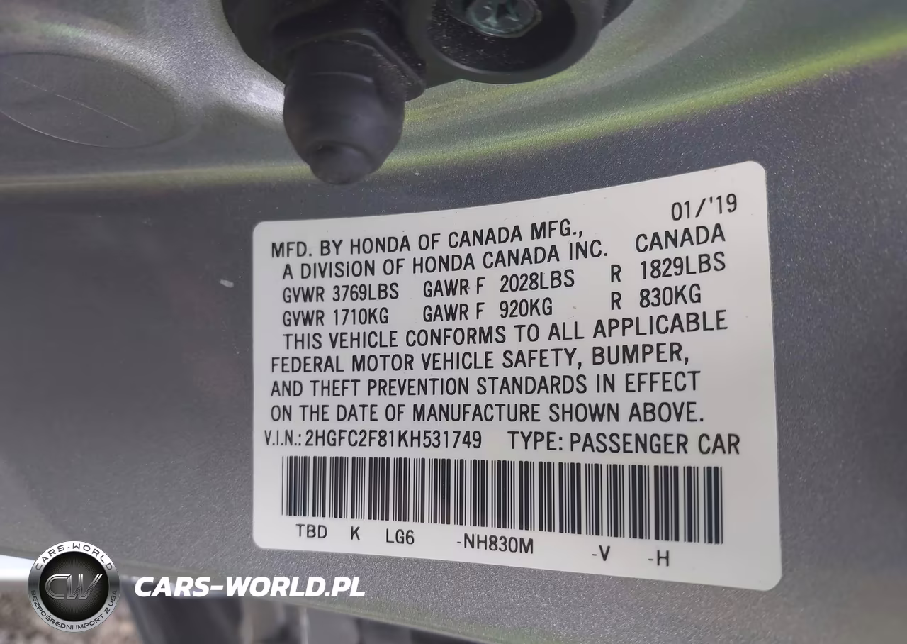 2019 Honda Civic Sport VIN:2HGFC2F81KH531749 - 9