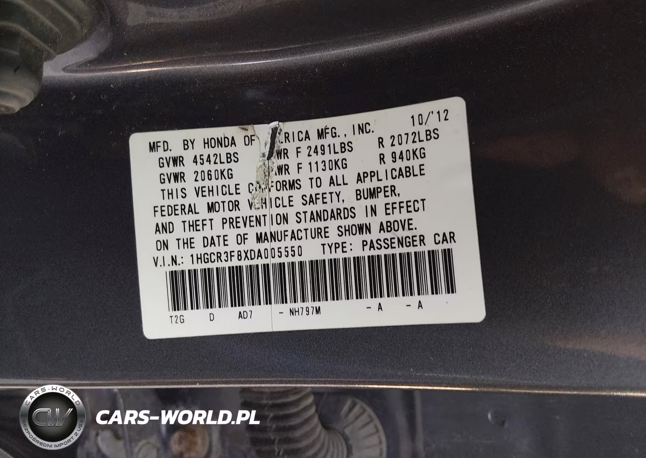 2013 Honda Accord Ex-L V-6 VIN:1HGCR3F8XDA005550 - 9
