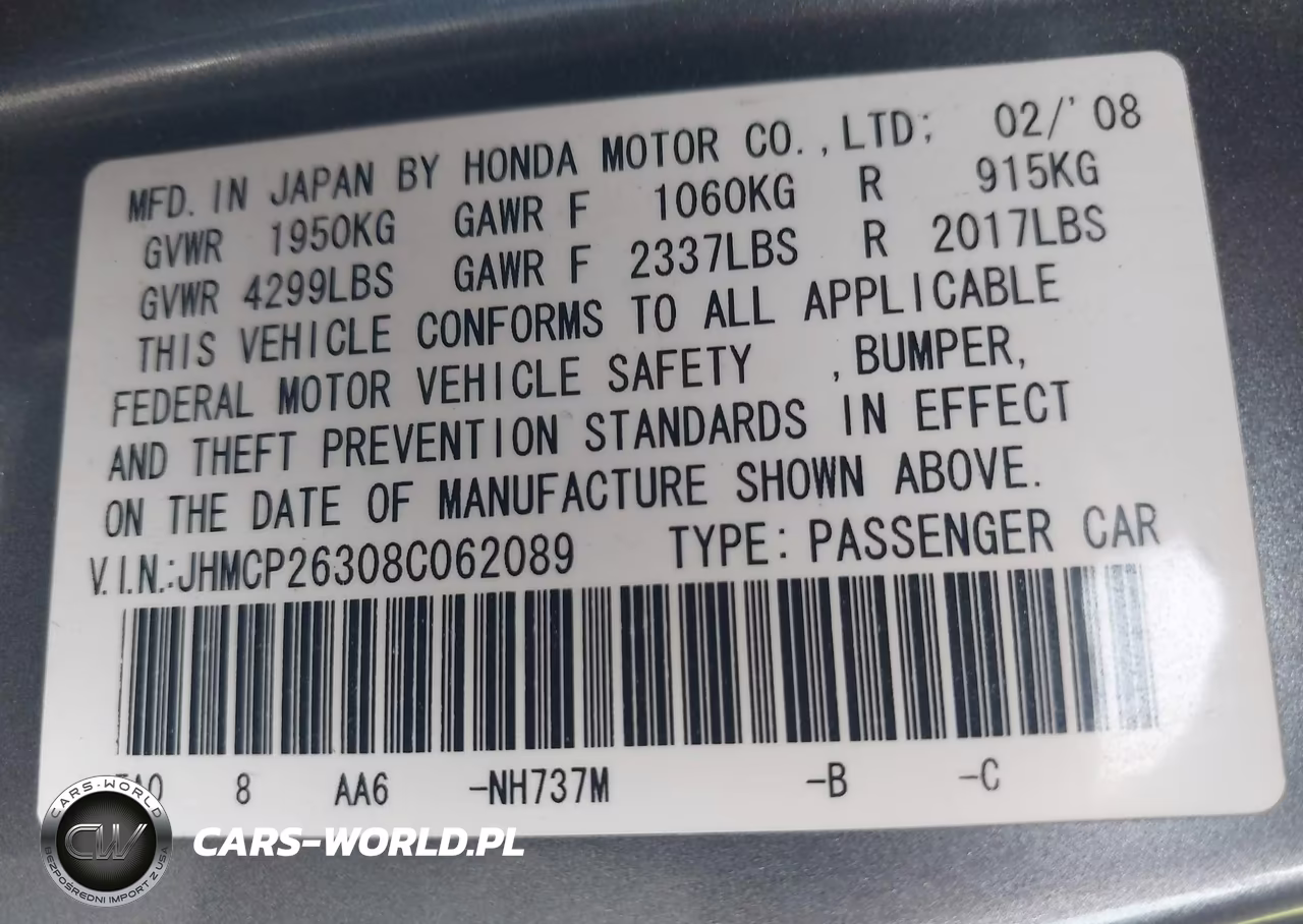 2008 Honda Accord 2.4 Lx VIN:JHMCP26308C062089 - 9
