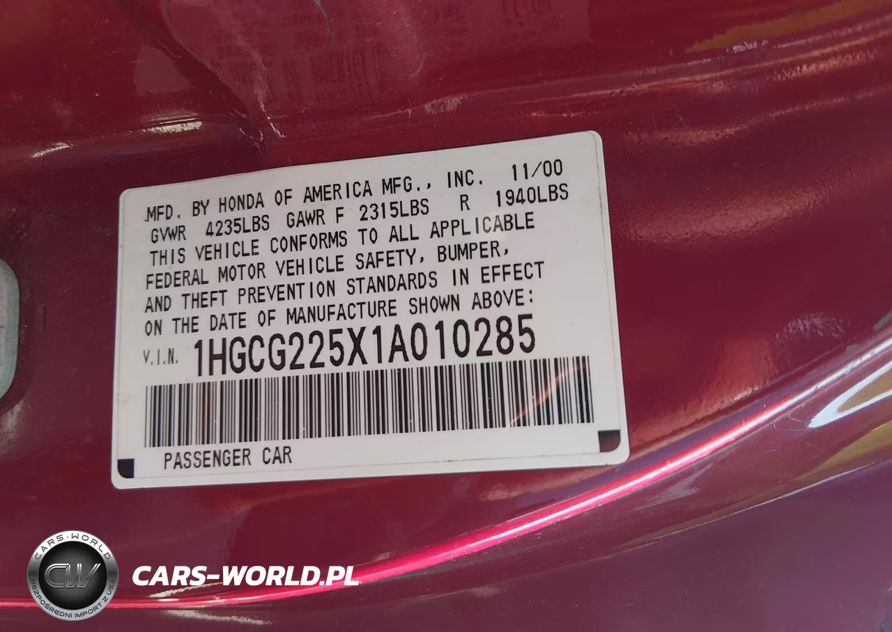 2001 Honda Accord 3.0 Ex VIN:1HGCG225X1A010285 - 9