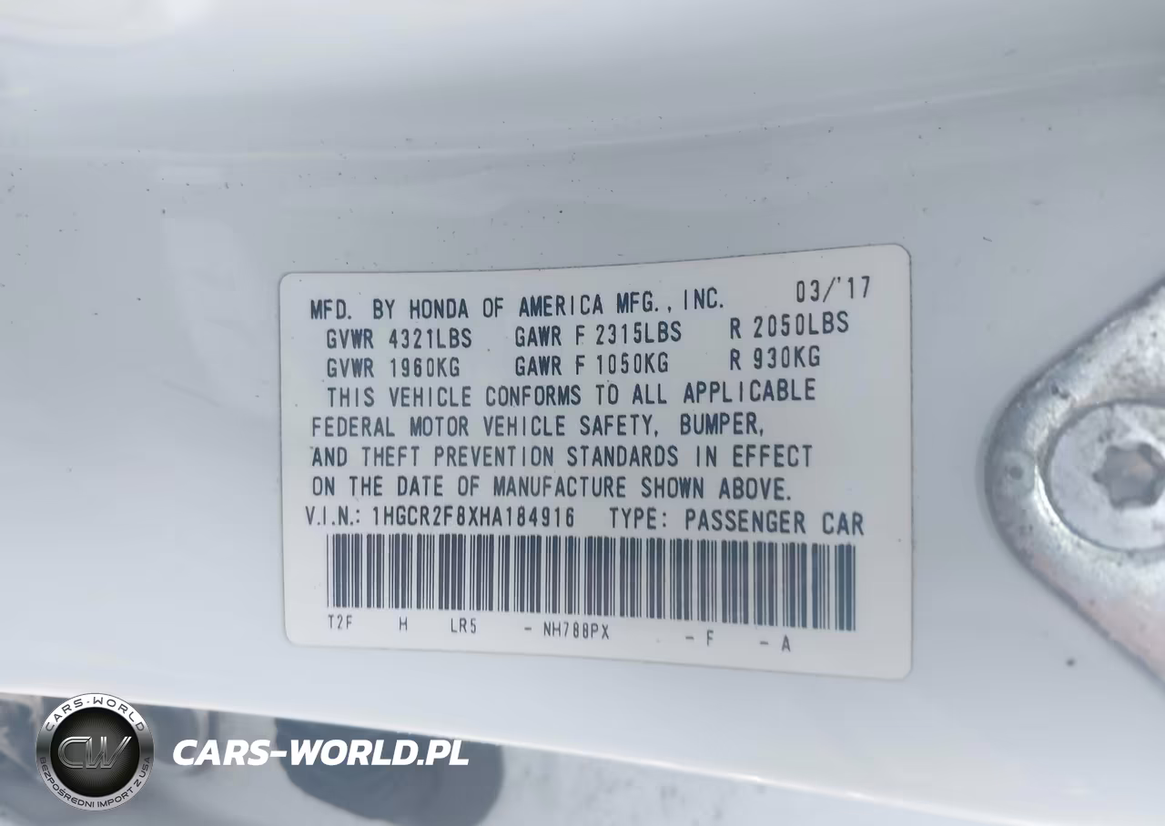 2017 Honda Accord Ex-L VIN:1HGCR2F8XHA184916 - 9