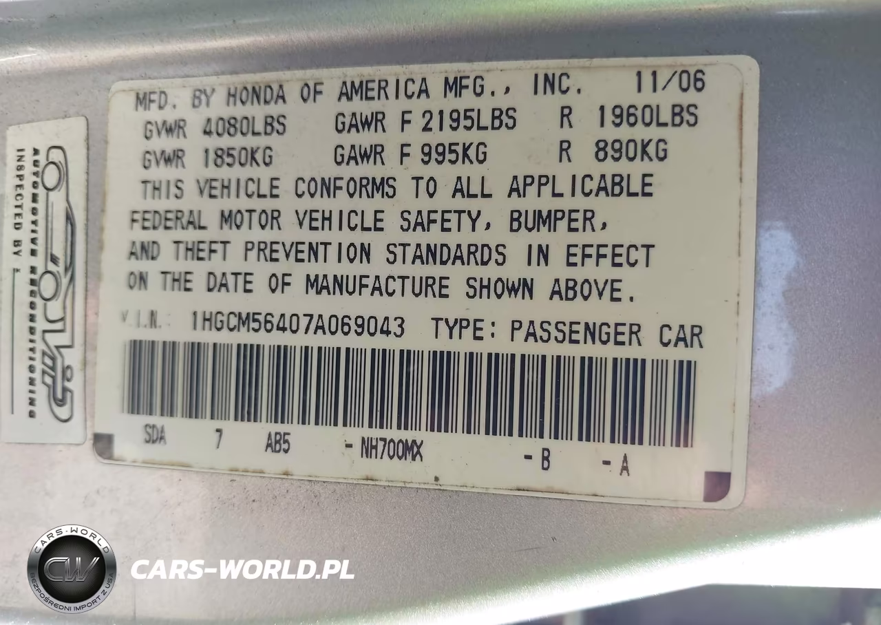 2007 Honda Accord 2.4 Lx VIN:1HGCM56407A069043 - 9