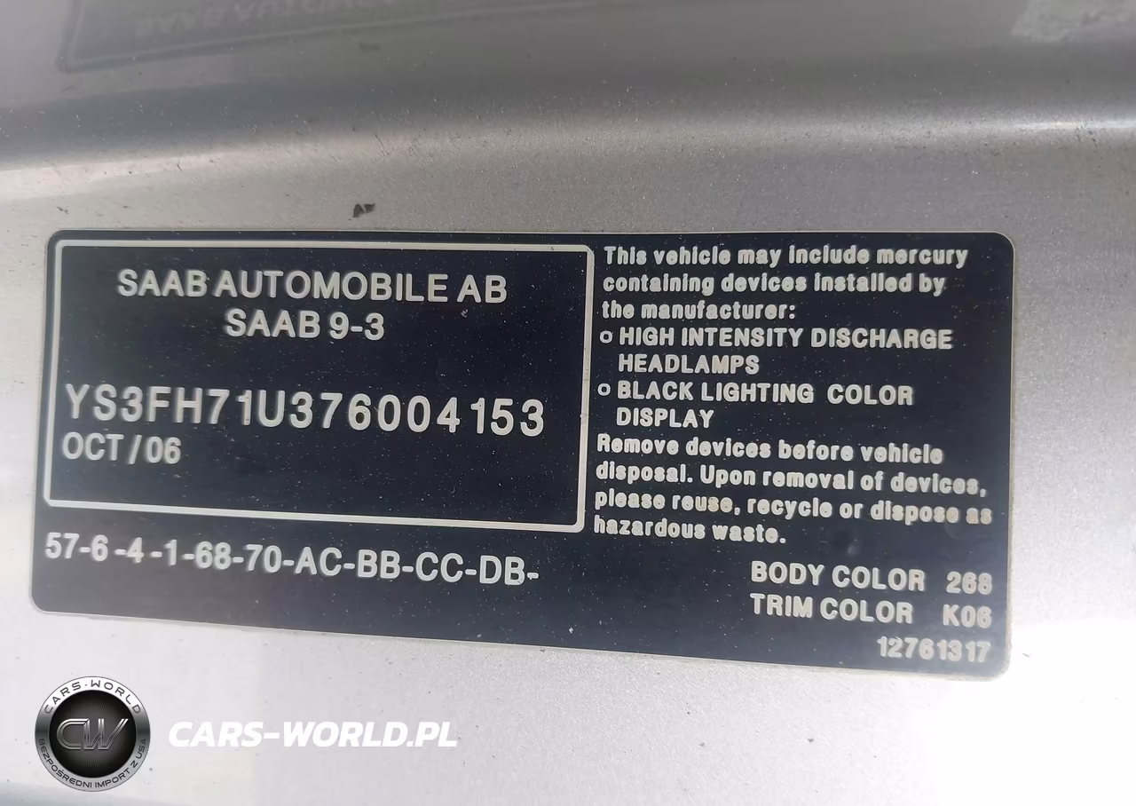 2007 Saab 9-3 Aero VIN:YS3FH71U376004153 - 9