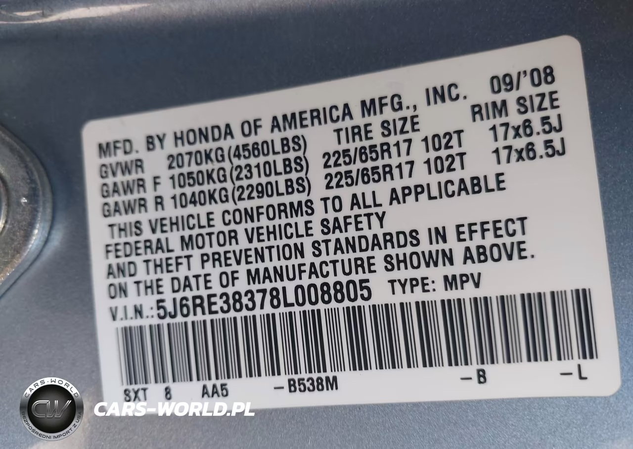 2008 Honda Cr-V Lx VIN:5J6RE38378L008805 - 9