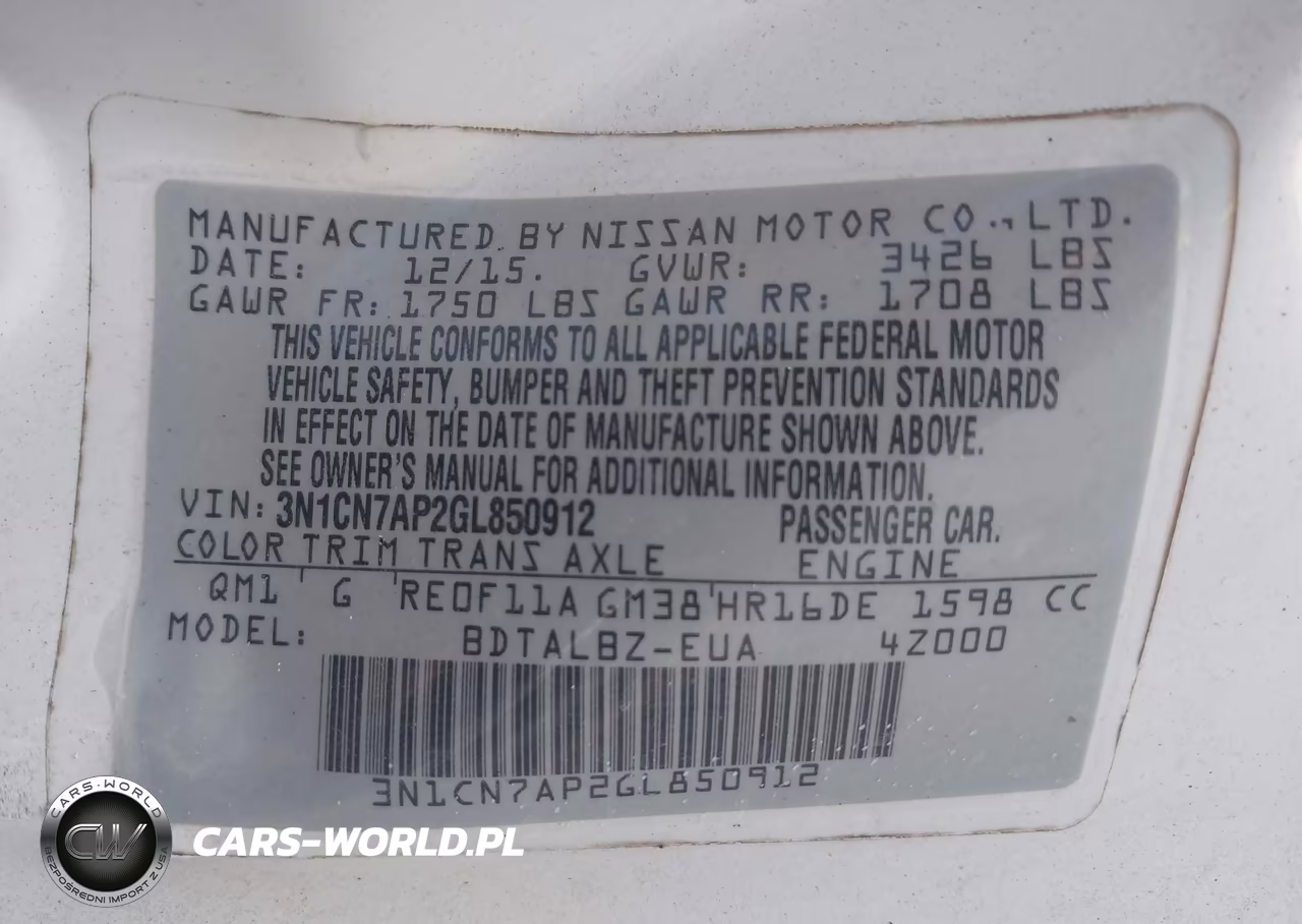2016 Nissan Versa 1.6 S-1.6 S+-1.6 Sl-1.6 Sv VIN:3N1CN7AP2GL850912 - 9