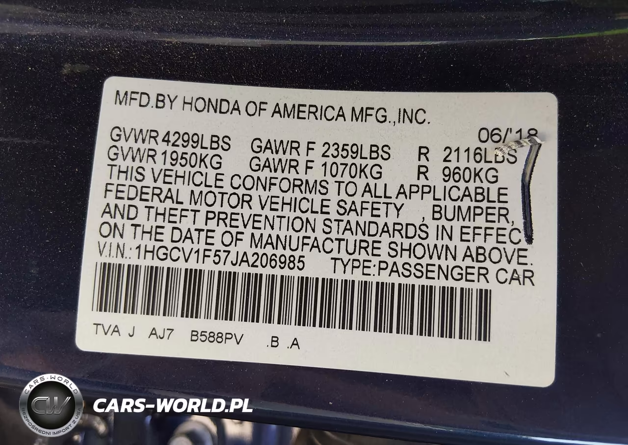 2018 Honda Accord Ex-L VIN:1HGCV1F57JA206985 - 9