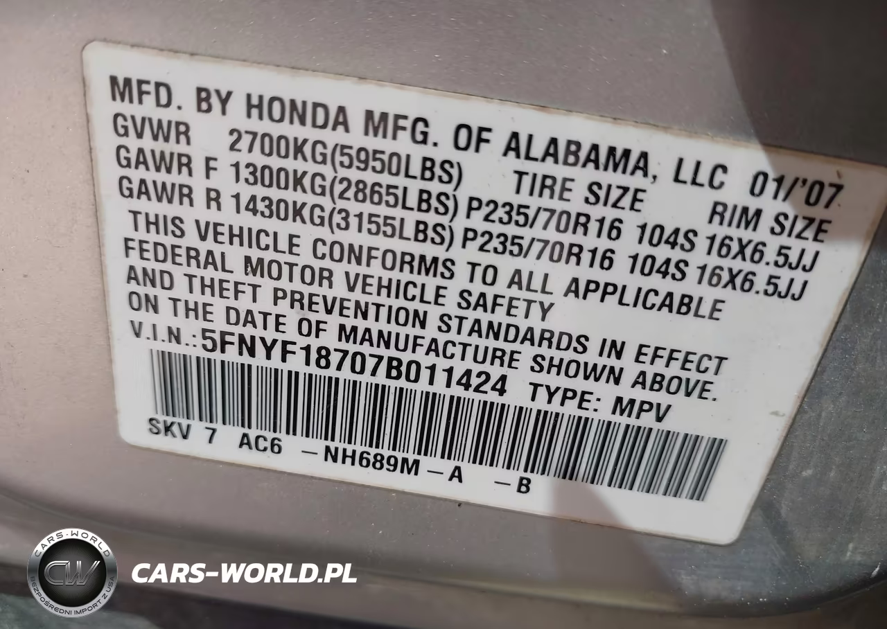 2007 Honda Pilot Ex-L VIN:5FNYF18707B011424 - 9