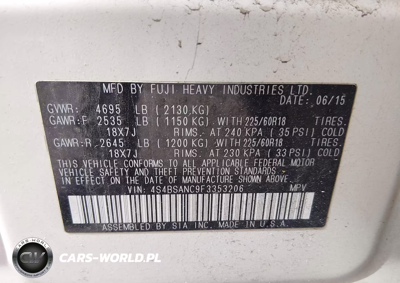 2015 Subaru Outback 2.5I Limited VIN:4S4BSANC9F3353206 - 9