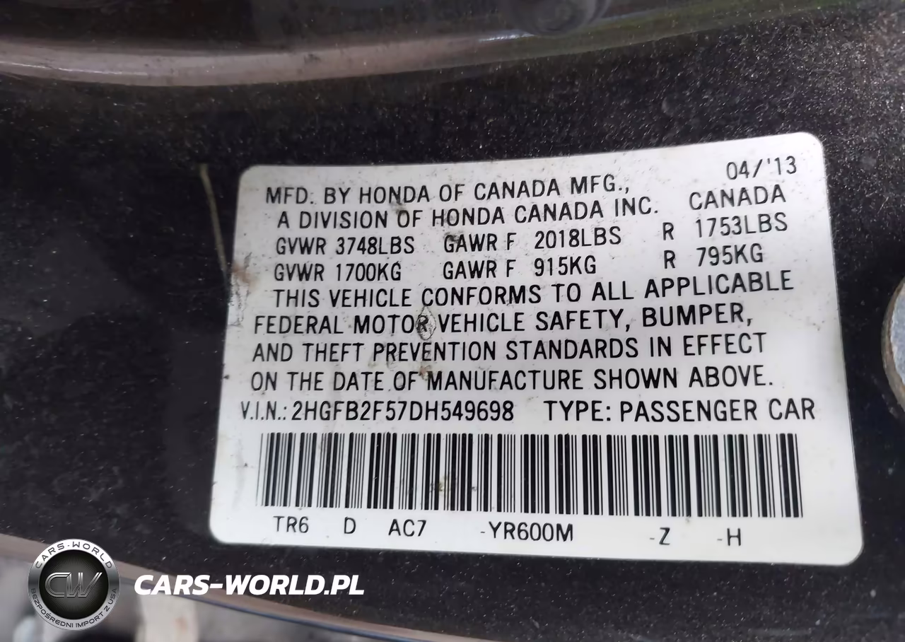2013 Honda Civic Lx VIN:2HGFB2F57DH549698 - 9