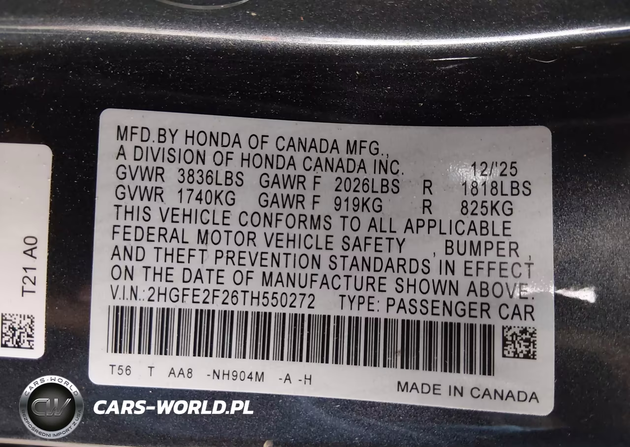 2026 Honda Civic Lx VIN:2HGFE2F26TH550272 - 9