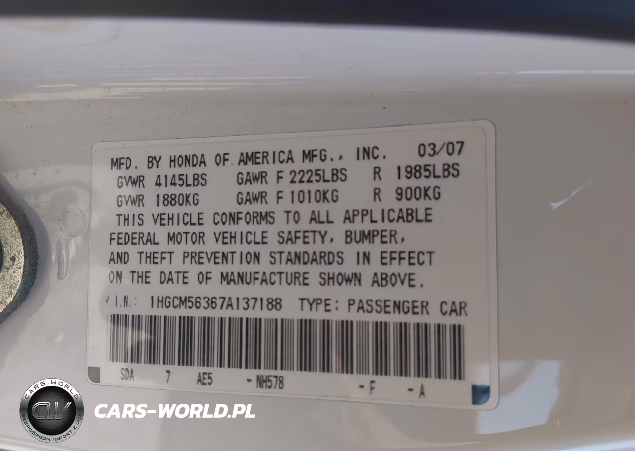 2007 Honda Accord 2.4 Se VIN:1HGCM56367A137188 - 9