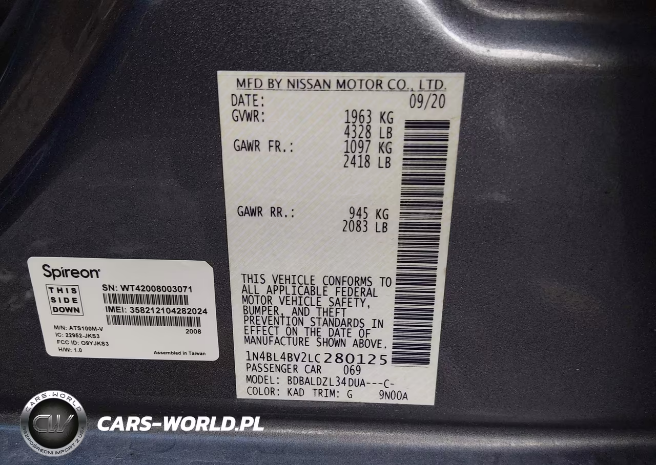 2020 Nissan Altima S Fwd VIN:1N4BL4BV2LC280125 - 9