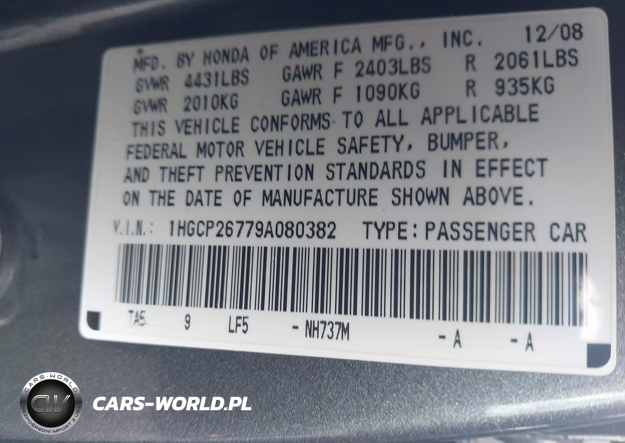 2009 Honda Accord 2.4 Ex VIN:1HGCP26779A080382 - 9